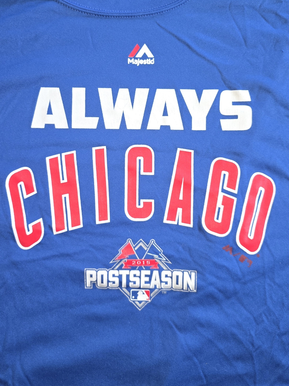 Majestic Blue 'Always Chicago' Postseason Tee with Red and White Lettering